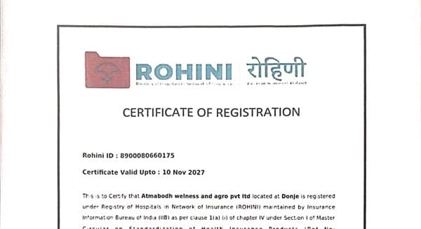 ROHINI (Registry of Hospitals in Network of Insurance) certificate of registration for Atmabodh Wellness and Agro Pvt. Ltd.